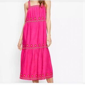 NWT Pink Embroidered Tiered Linen Blend Square Neck Midi Dress - Small Petite